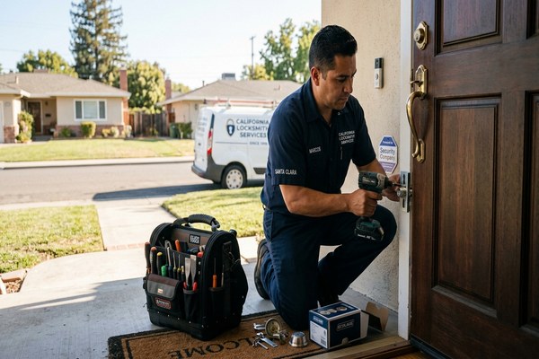 Residential locksmith rekeying deadbolt at Santa Clara home
